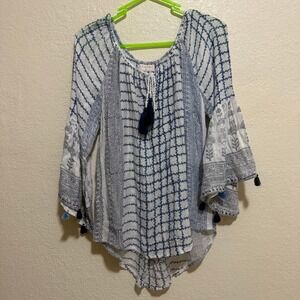 Lula Soul Womens‎ Small Blue White Cotton Boho Tassel Bell Sleeve Peasant Top
